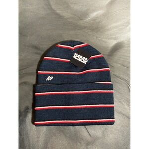 K2 Stripe Beanie Navy Blue Red White Striped Knit Cuffed Winter Hat Y2K